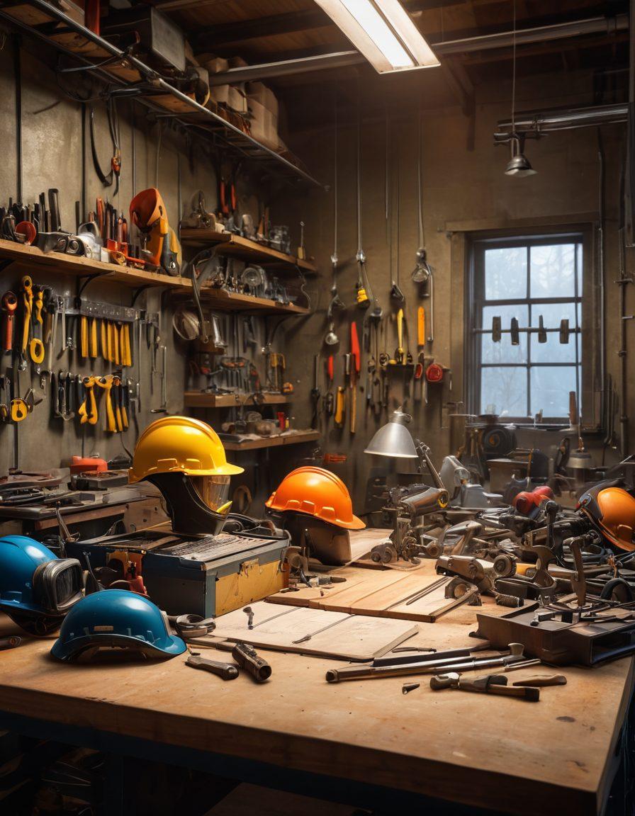 A dynamic workshop scene featuring an array of essential industrial tools such as drills, wrenches, and saws, alongside safety equipment like helmets, goggles, and gloves. The background showcases a busy and organized workspace with blueprints and machinery, symbolizing productivity and safety. The lighting emphasizes the tools and equipment, while conveying a sense of preparation for success. super-realistic. vibrant colors. industrial theme.