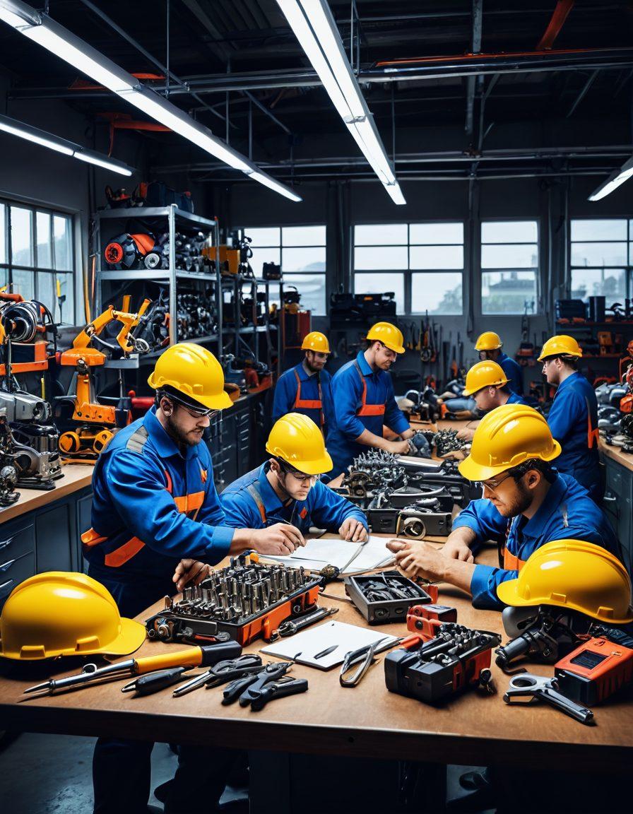 A visually striking workspace showcasing an assortment of mechanical tools and safety equipment, with a well-organized layout of gears, helmets, and machinery reflecting precision and safety. The background features a blend of a factory setting and a workshop, filled with soft natural lighting to enhance the professionalism of the scene. Include diverse workers wearing safety gear engaged in various tasks, symbolizing teamwork and efficiency. 3D illustration. vibrant colors. bright background.