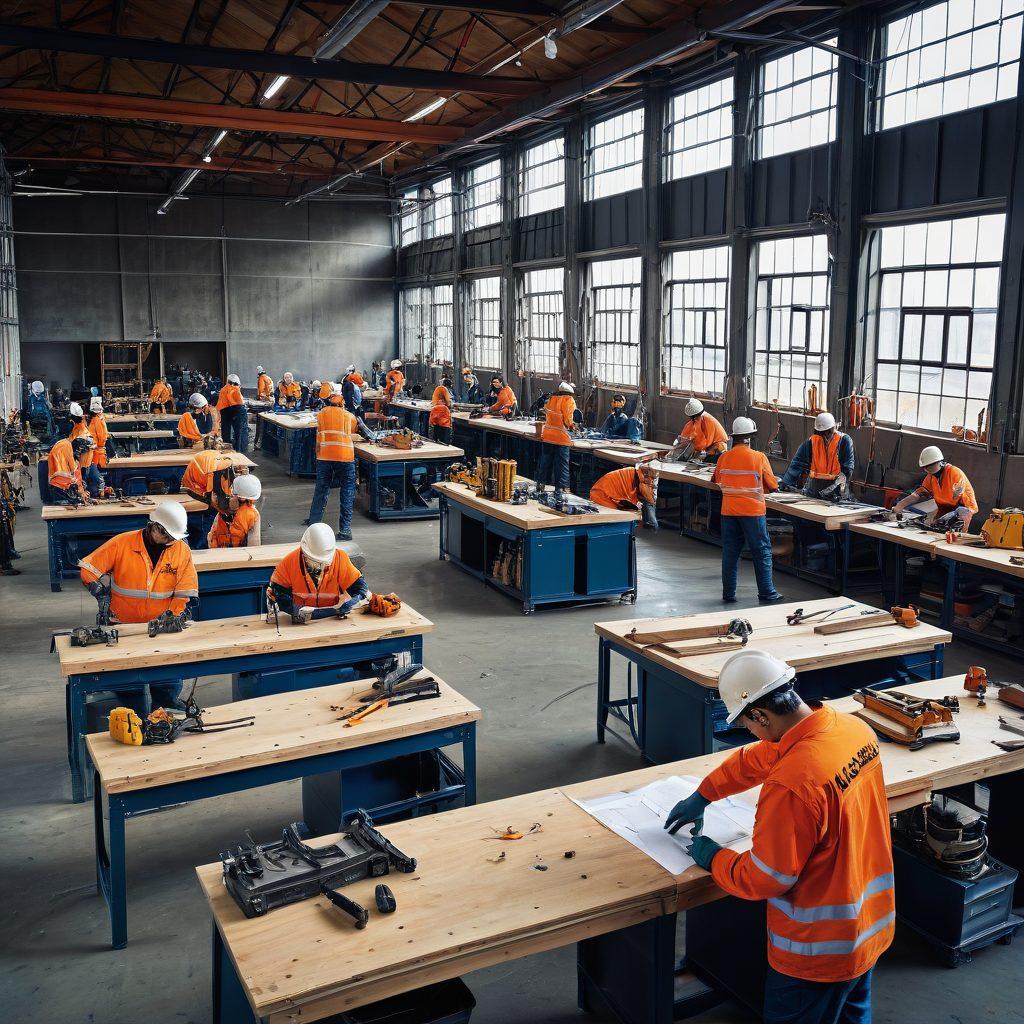 A dynamic scene showing various professionals in a workshop and construction site. Include diverse workers using essential equipment like power tools, safety gear, and machinery. Highlight the contrast between a well-organized workshop filled with tools and the bustling activity of a construction site, with cranes and scaffolding. Emphasize teamwork and safety, capturing an energetic and productive atmosphere. super-realistic. vibrant colors.